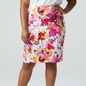 Worthington Woman Pink Orange Floral Watercolor Pencil Skirt Plus Size 20W
